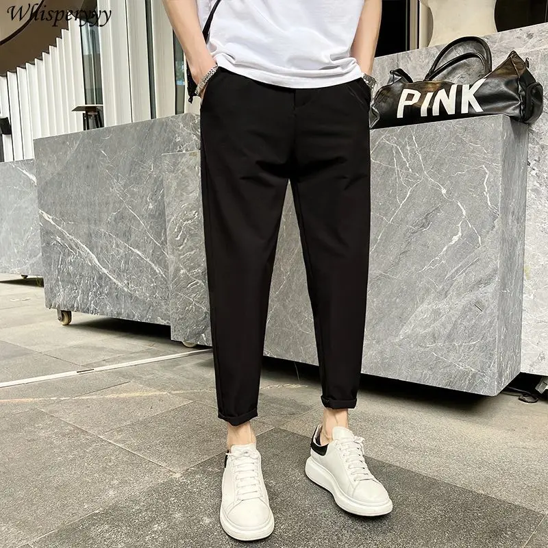 Spodnie męskie letnie cienkie proste nogawki spodnie na co dzień dziewięć punktów obcisłe spodnie męskie kieszenie Pantalones Harajuku spodnie w jednolitym kolorze
