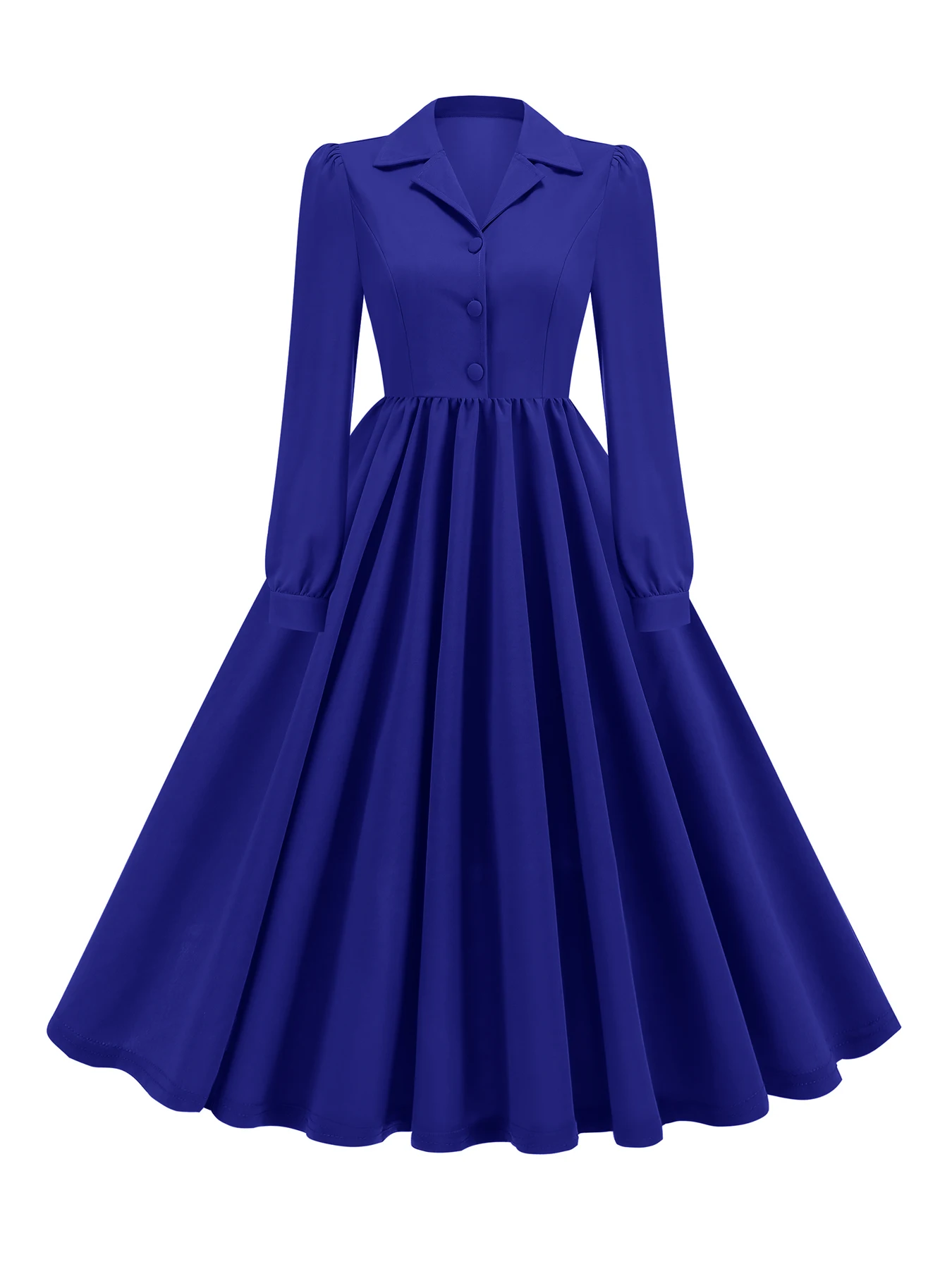 V Neck Retro Style Long-Sleeved Waist-Cinching Wide Buttons Elegant Women's 50S Dress