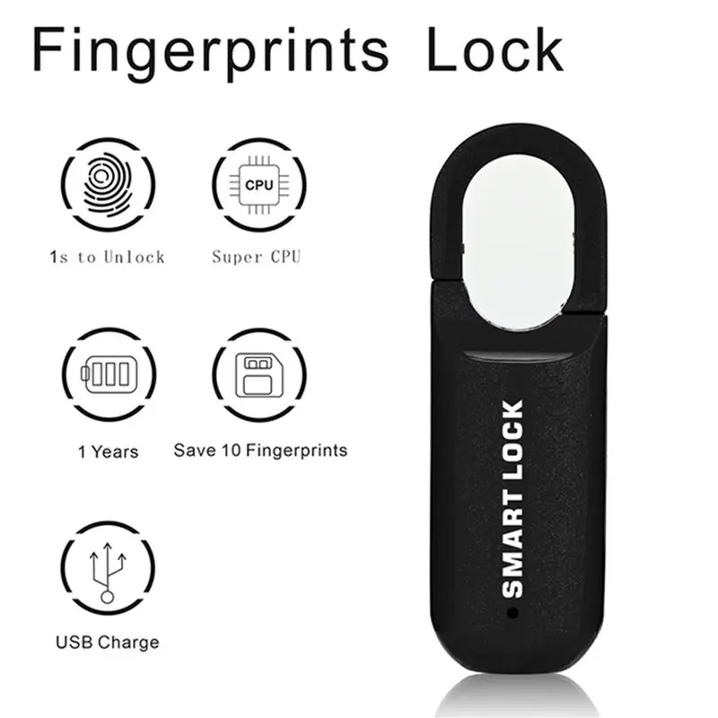 B44C 2X Fingerprint Padlock M01 Smart Door Lock Keyless USB Rechargeable Security For Home Bike Locker Black