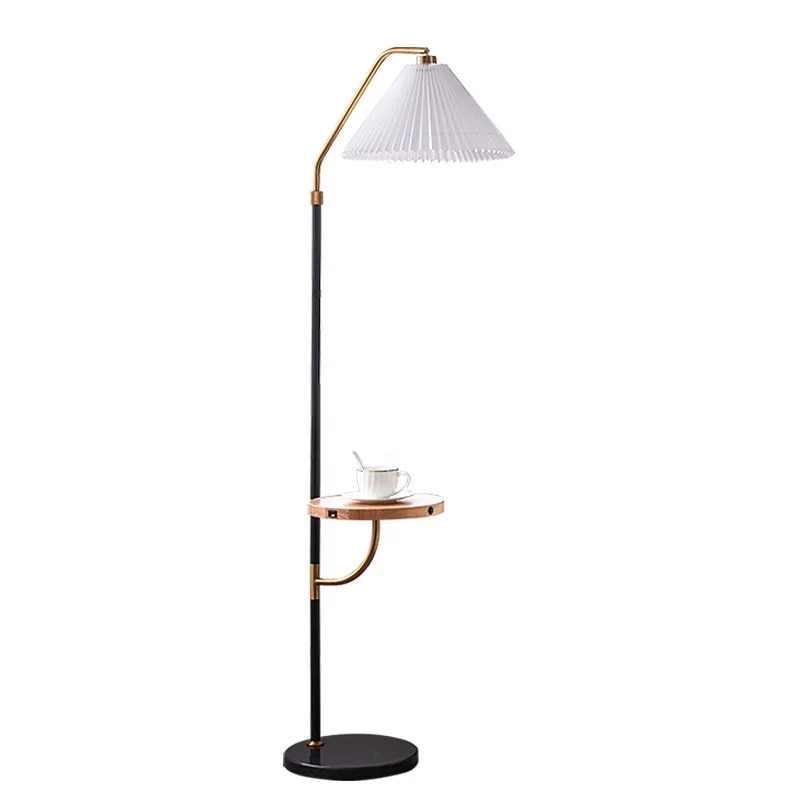 

Nordic Retro Reading Wooden Standing Floor Lamp With USB Port Wireless Charge Fabric Lampshade Floor Lamp