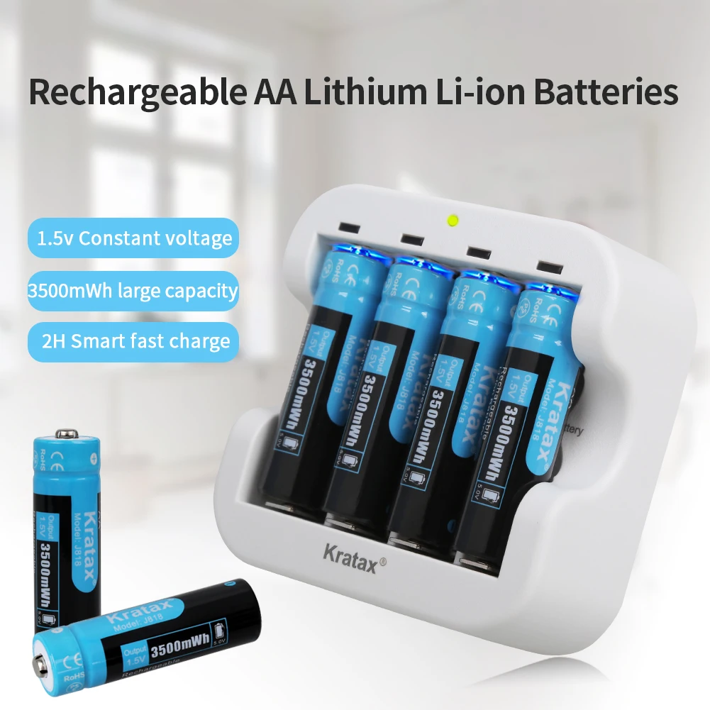 Kratax 1.5V High Capacity of 3500mWh AA Li-ion Rechargeable Batteries With Quick Charger,Support Wholesale, Flashlight, Fan