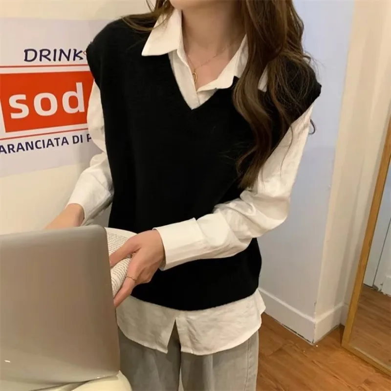 Sweater Vest Women V-neck Knitted Chic Minimalist Style All-match Korean Fashion Popular Ins Loose Fit Cozy Students Spring Y2k