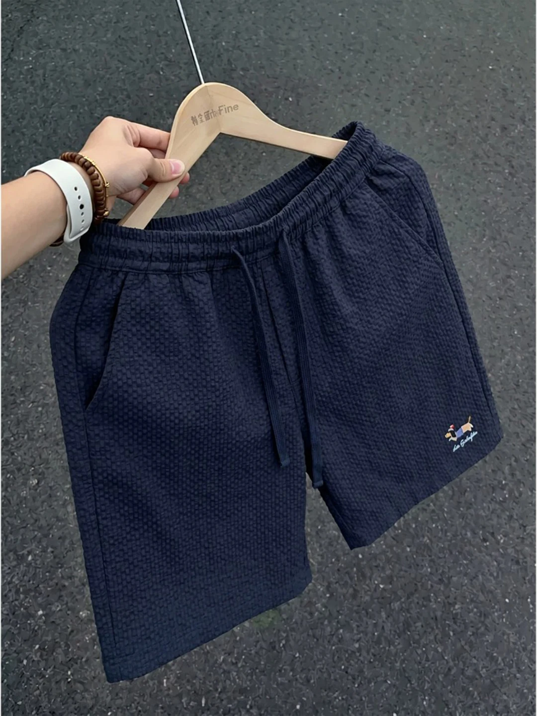 

Quick Dry Bubble Cloth Shorts Men's Summer Fitness Sports Five-Quarter Middle Pants Sausage Dog Embroidery Outdoor Wear