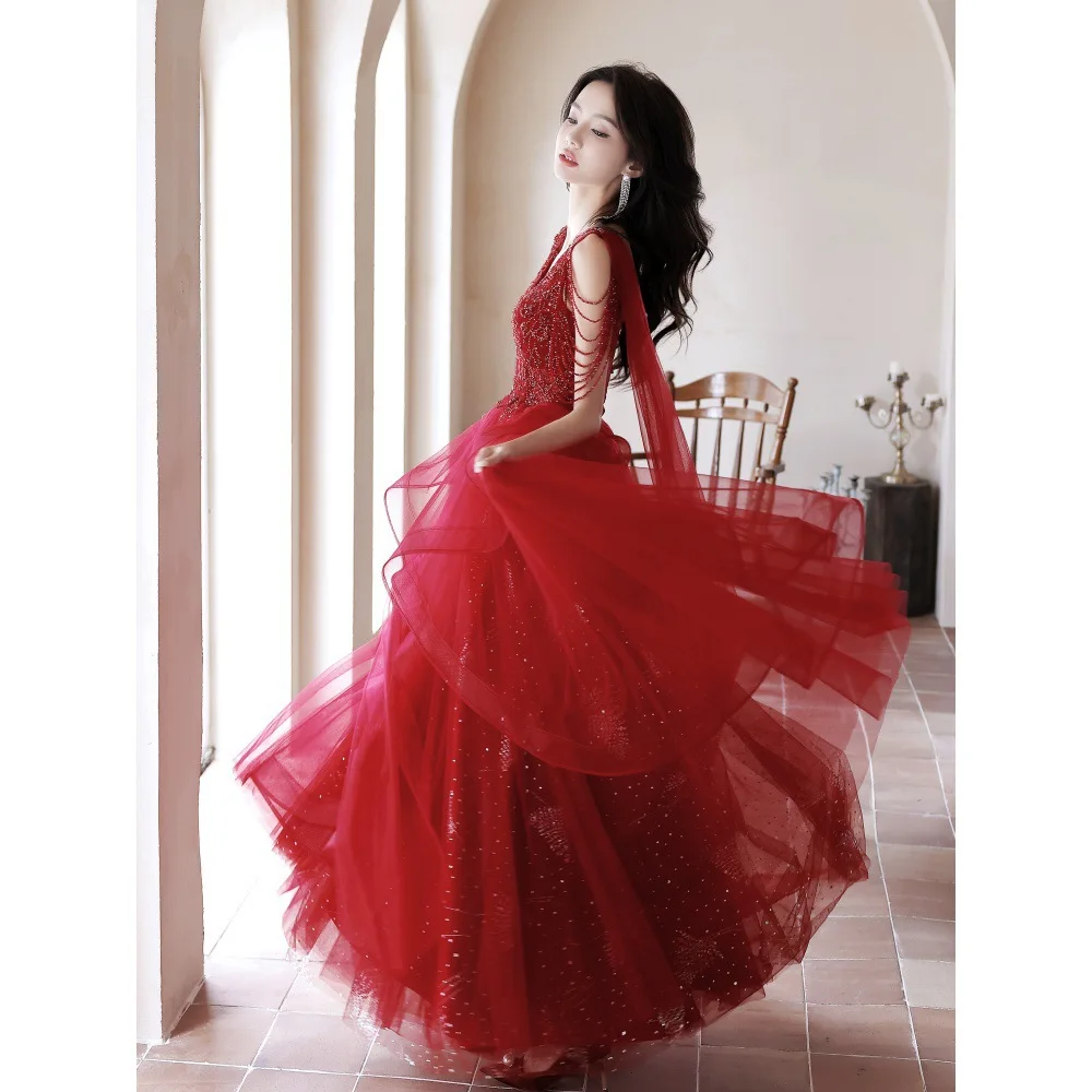 Evening Dress Women's High-End Red Super Fairy Light Yarn Spring Host Collar Toast Bride High-Grade Main Wedding