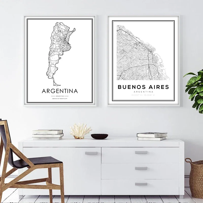 Argentina Buenos Aires City Road Map Poster  Black  White Modern Minimalist Wall Art Canvas Print for Home Room Decor