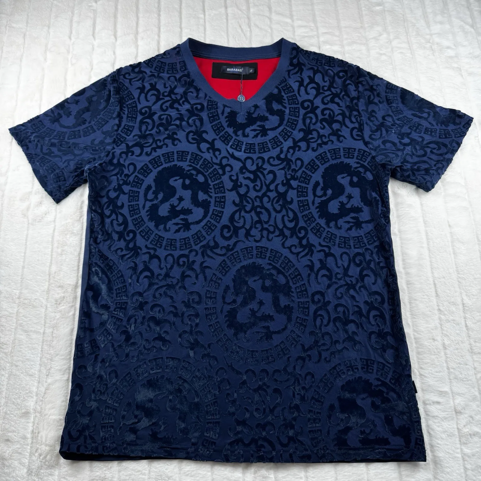 

BARABAS V-neck T-shirt Men's L Navy Blue 3D Velvet Printed Dragon Aztec Brand New with Label-