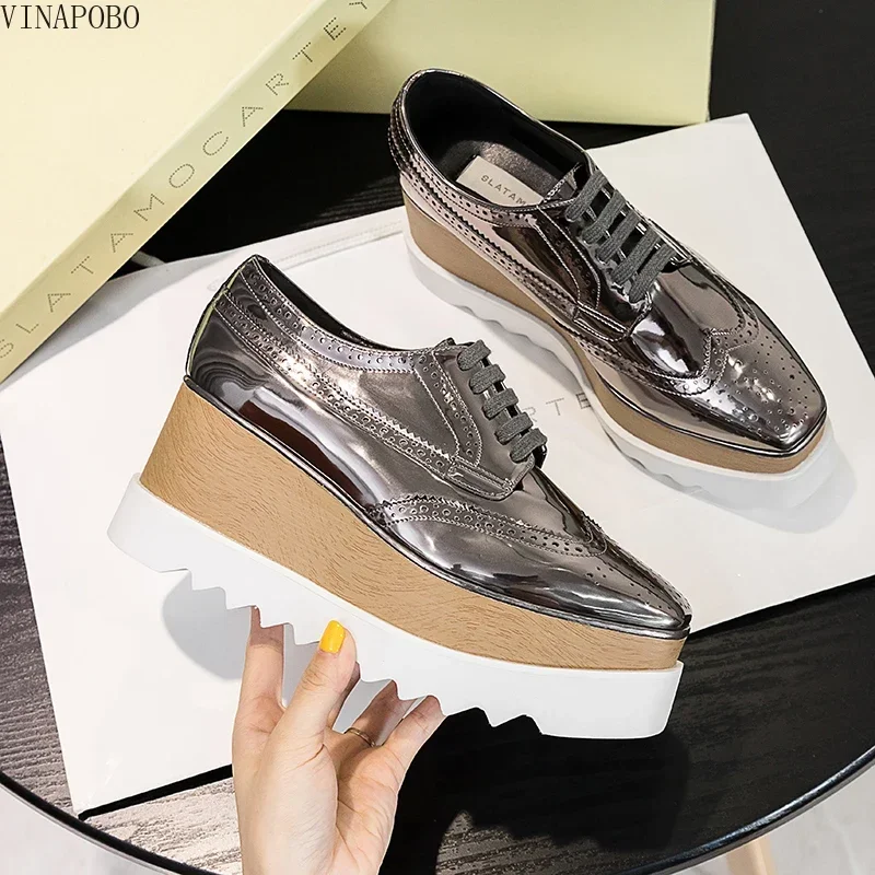 Weiß Schwarz Gold Silber Britischen Stil Plattform Keile Schuhe Frau Karree Lace Up Loafer Schuhe Damen Handgefertigte Casual Schuhe