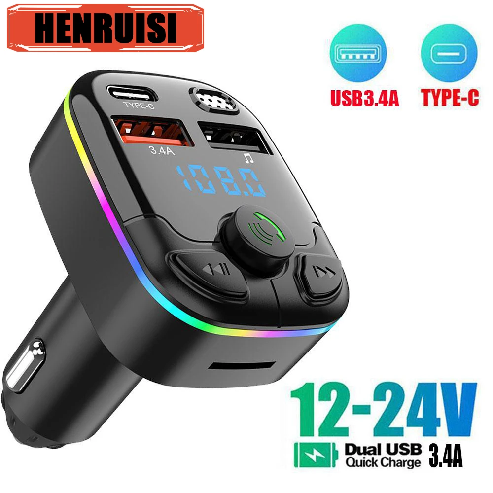 Dual USB Car Bluetooth 5.0 FM Transmitter PD Type-C Light 3.1A Player Modulator Charger Handsfree Colorful Ambient MP3 Fast J6I9