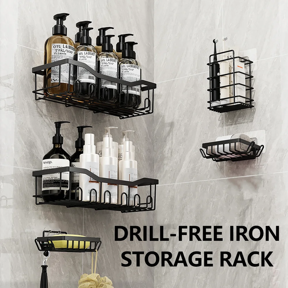 

5pcs/set Drill-Free Iron Storage Rack Bathroom Kitchen Organizer Shelf Wall-Mounted Rustproof Black Shelves Soap Holder Basket