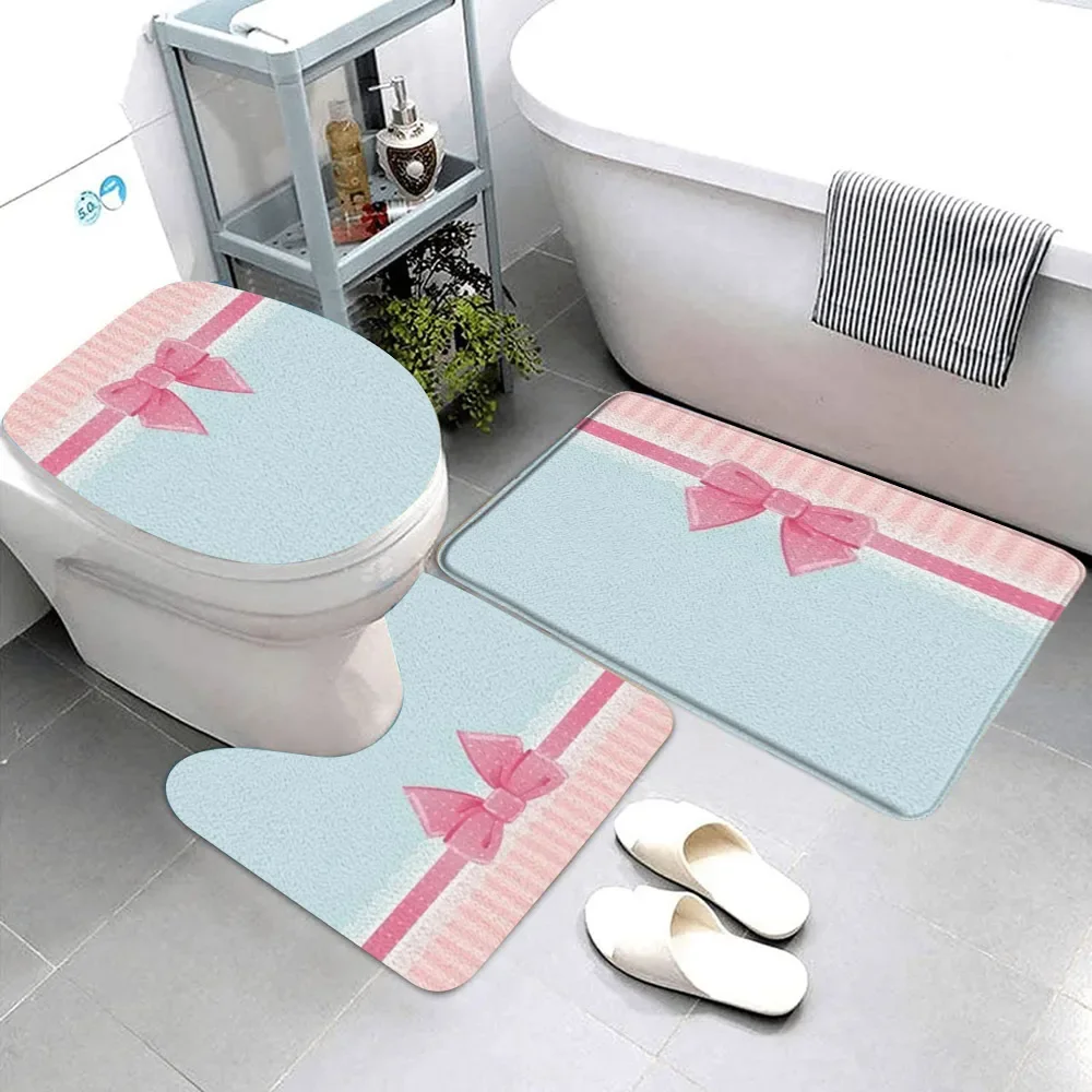 3 Pcs Pretty Pink Bow Bathroom Rug Set Ribbon Stripe Polka Dot Floral Pink Blue Love Gift Bath Mat Toilet Cover Bathroom Decor