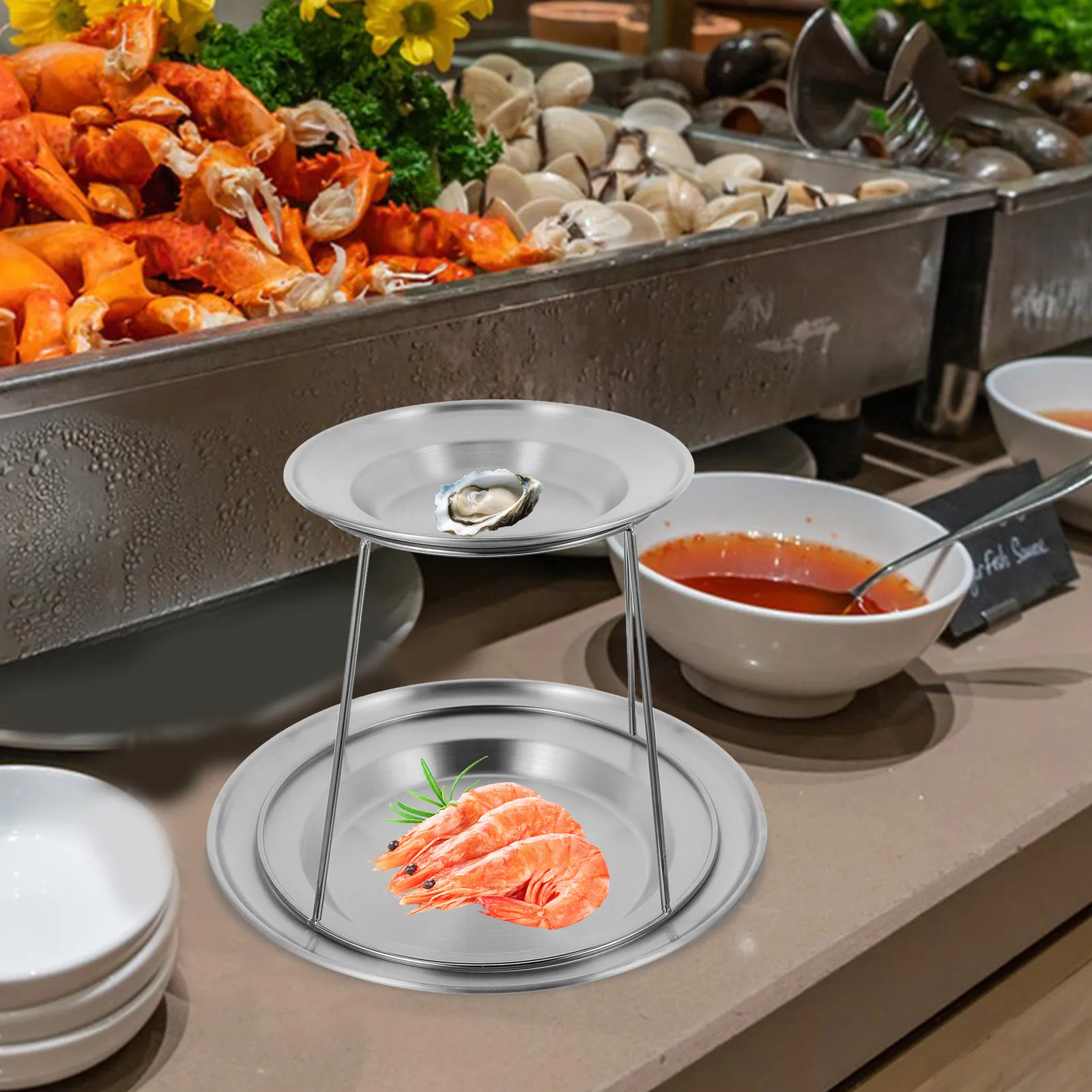 

1pcs Seafood Plate Oyster Tray Rack Stainless Steel Tray Oyster Platter Holder Double Layer Food Serving Cake Stand