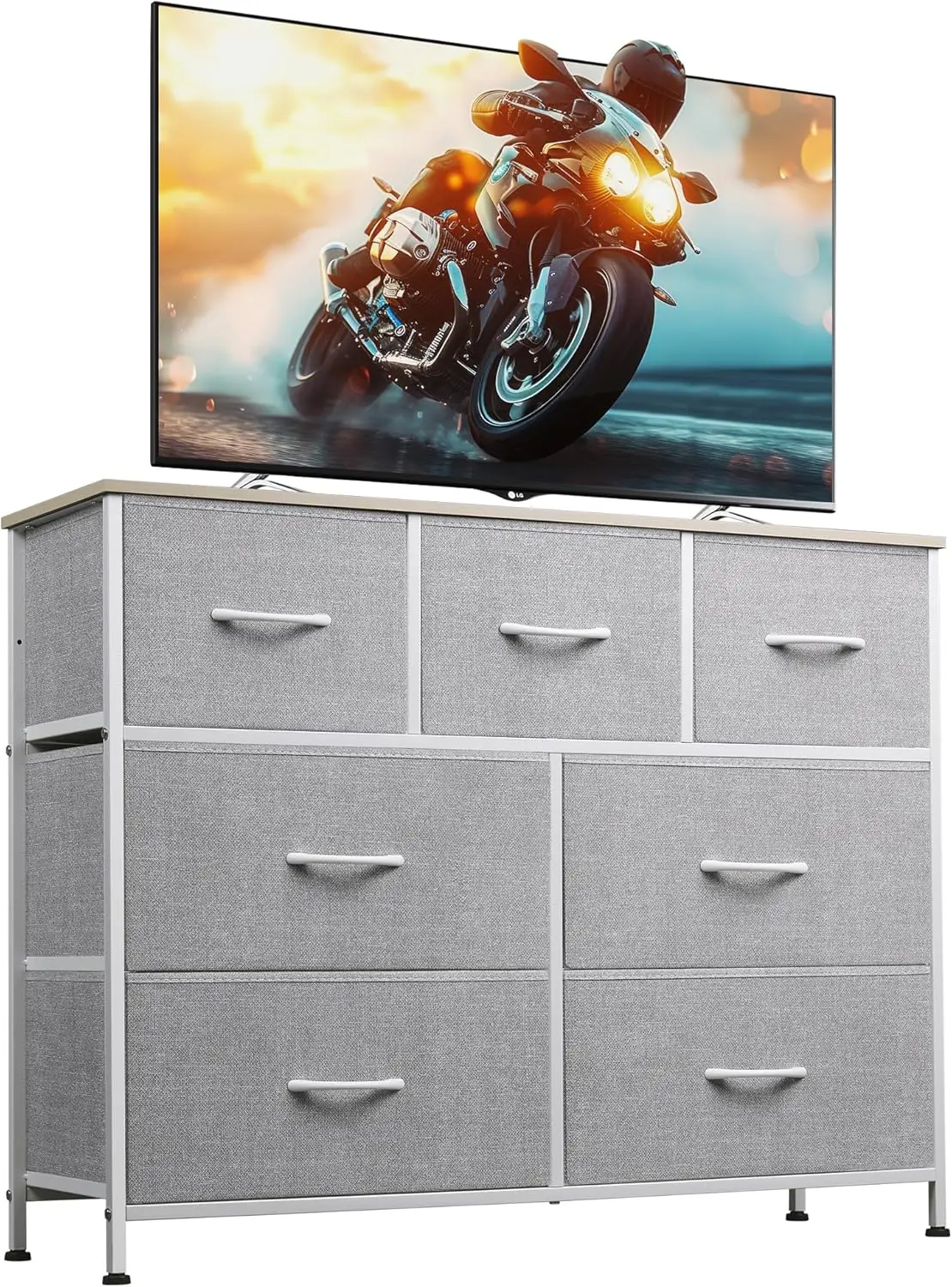 

7-Drawer TV Stand with Metal Frame & Wood Top for 45" TVs, Entertainment Center for Living Room, Light Grey