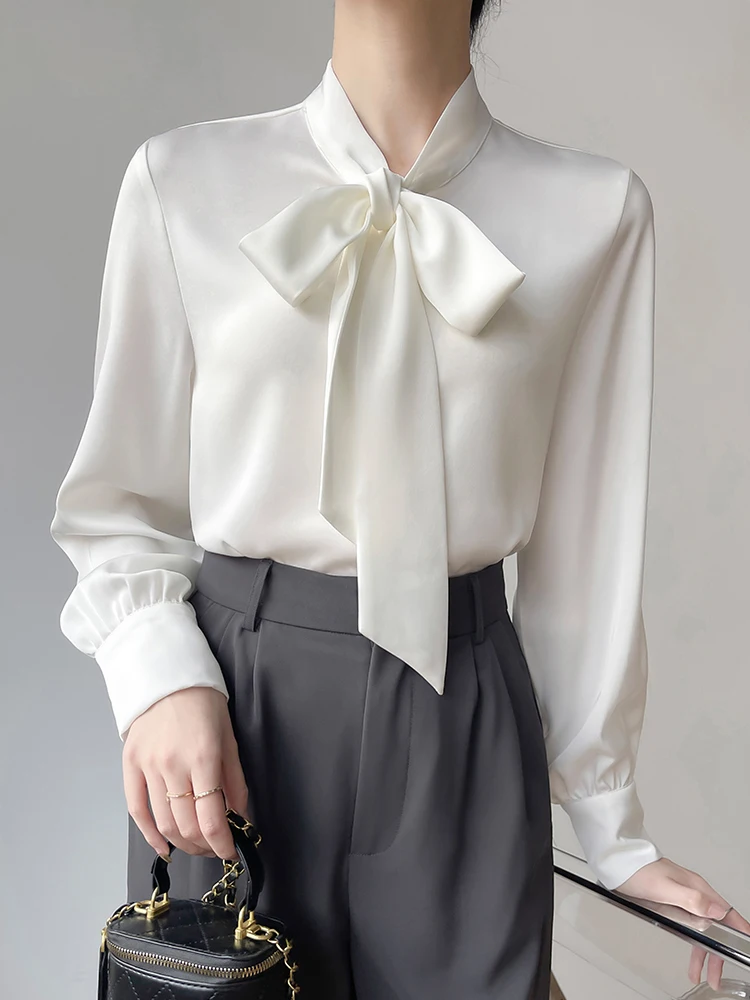 

Белая шелковая женская одежда Long Sve Interview Commute Profional Одежда с узлом Sa Top OL Sle Свободный крой на ягодицах...