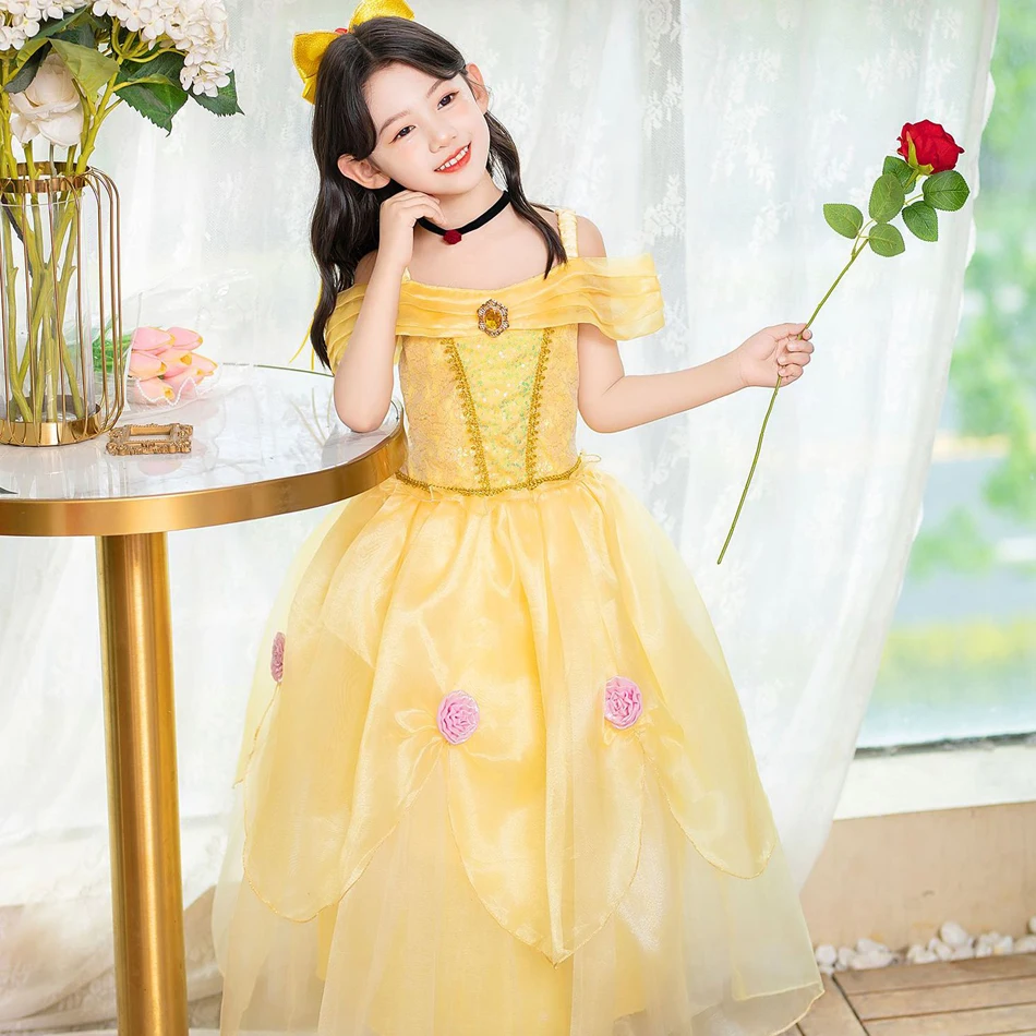 Princesa Belle Cosplay Dress com luz LED para criança, beleza e a fera, fora do ombro, rosa floral, traje de Halloween, roupas de Natal