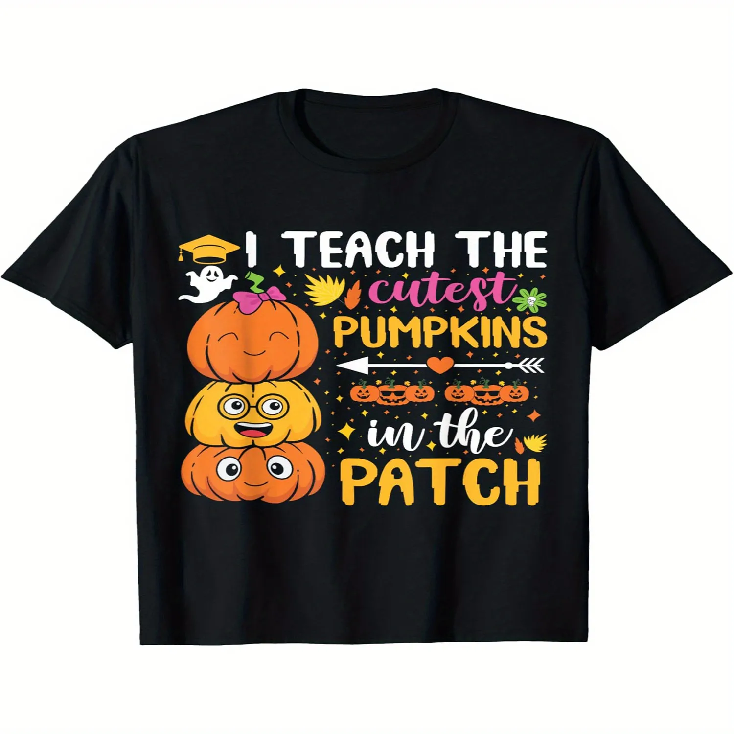 _I Teach The Cutest Pumpkins In The Patch_ Halloween Teacher T-Shirt - Soft Cotton Short Sleeve Crew Neck Top with Pumpkin Print, Cute Smiling Pumpkins, Bats Bus Design - Educator Gift, Teacher Graphic Tee, Vintage Style Tee,