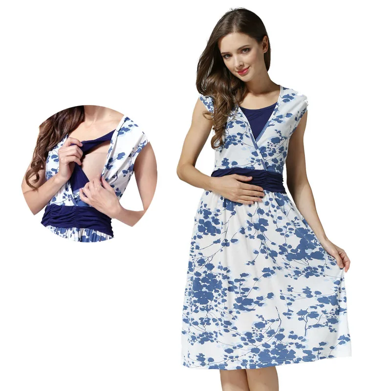 Floral Printed Nursing Midi Dress Cap Sleeve Cross Front Lift Feeding Contrast Ruched Waist Soft Modal Pregnant Women Outfit