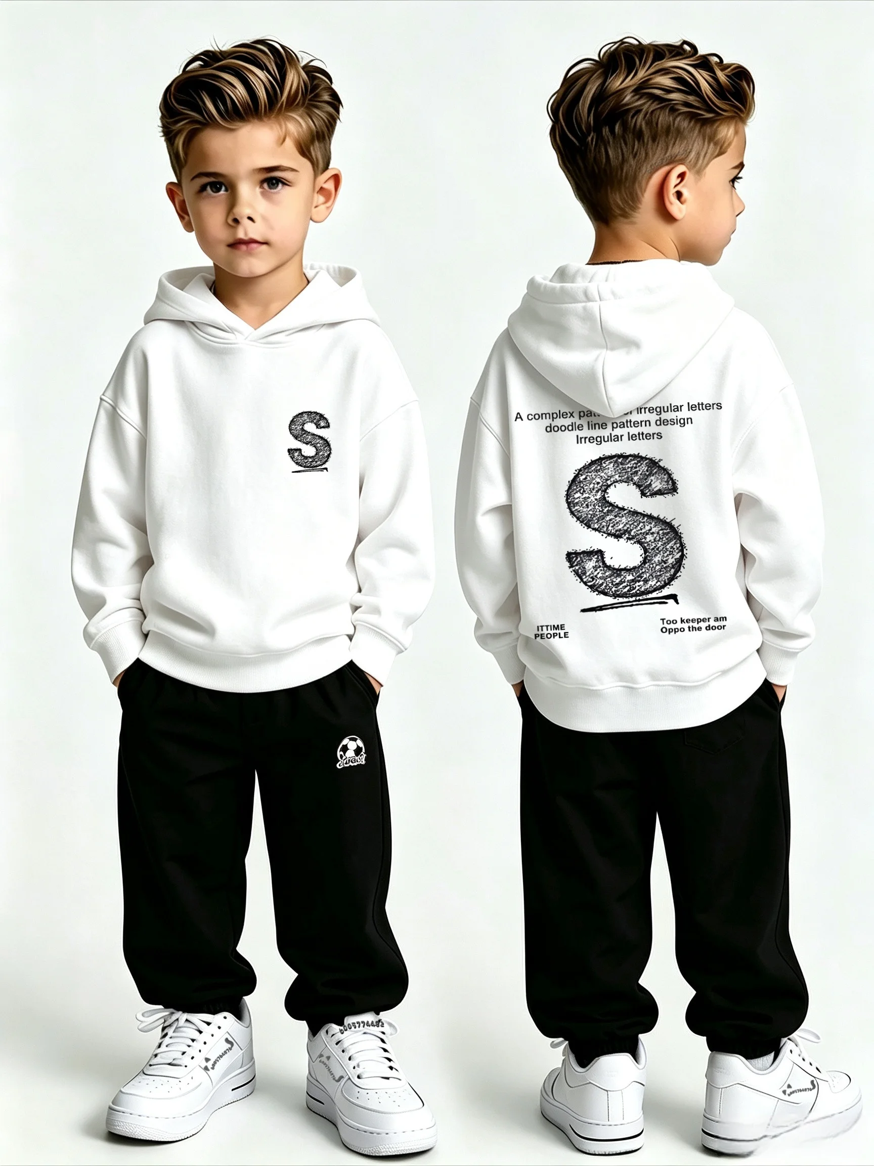 Children's casual warm hooded sweatshirt with retro sketch letter 
