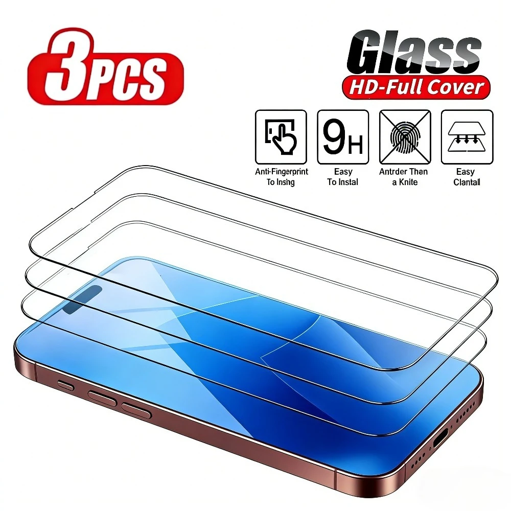 3 Stück Full Cover gehärtetes Glas für iPhone 17 16 15 14 Pro Max Air 16 15 Plus Displayschutzfolie für iPhone 13 12 11 Pro XR XS Max