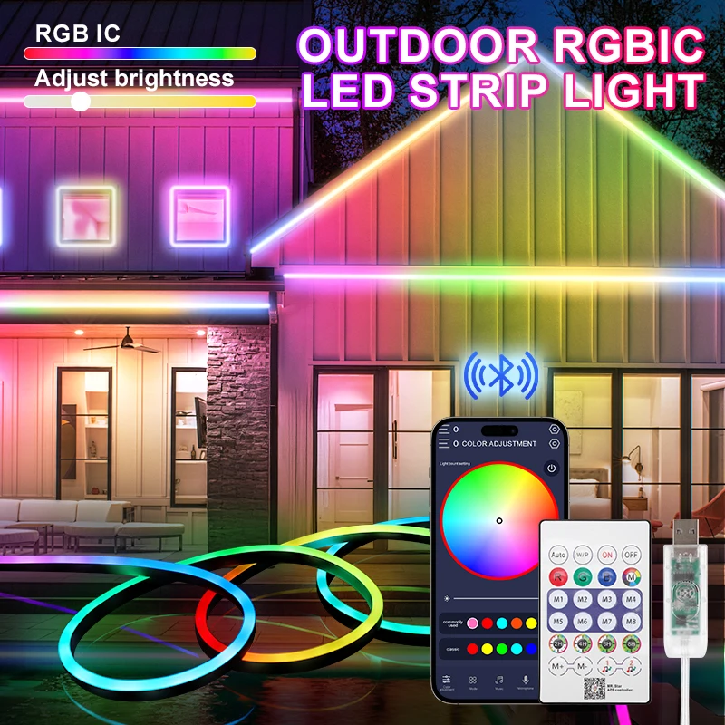 Outdoor RGBIC LED Strip Light IP66 Waterproof Music Sync Neon Rope Light With App Control For Road Courtyard Lawn Swimming Pool