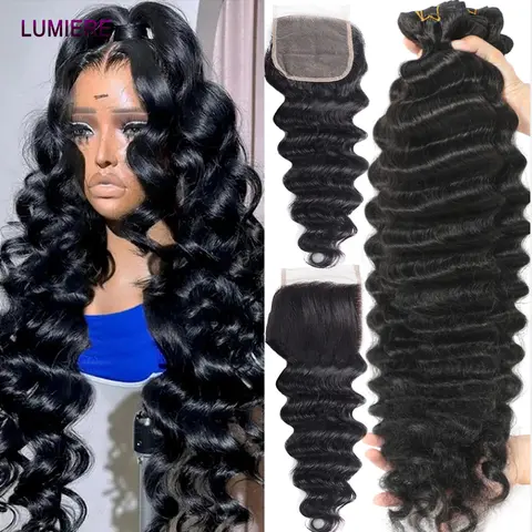 15A Loose Deep Wave Bundles With Frontal Closure Peruvian Hair  100% Raw Virgin Human Hair Bundles With Frontal Hair Extensions
