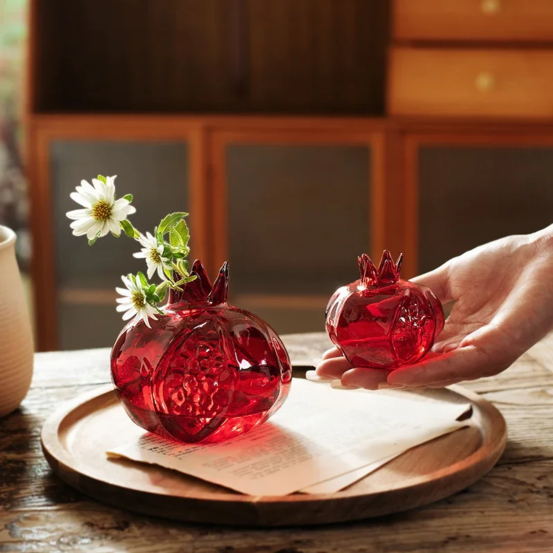 2/1Pcs Mini Pomegranate Glass Vase For Hydroponic Base Station Cuttings Modern Home Decoration Red Flower Vase Tabletop Ornament