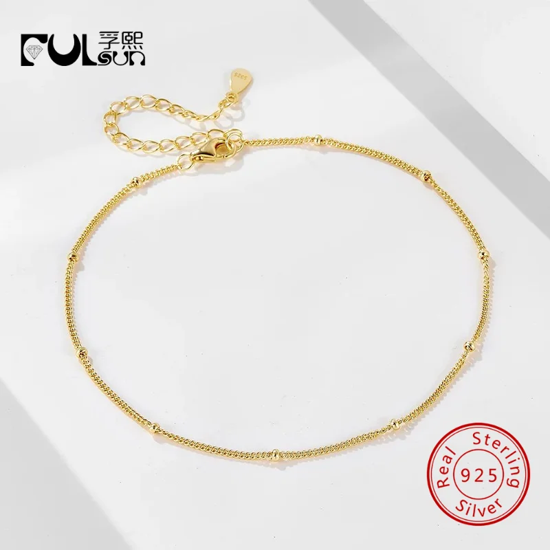 925 Sterling Silver 14K Gold Rhodium Plated Satellite Bead Thin Anklet Women Dainty Beach Fine Jewelry