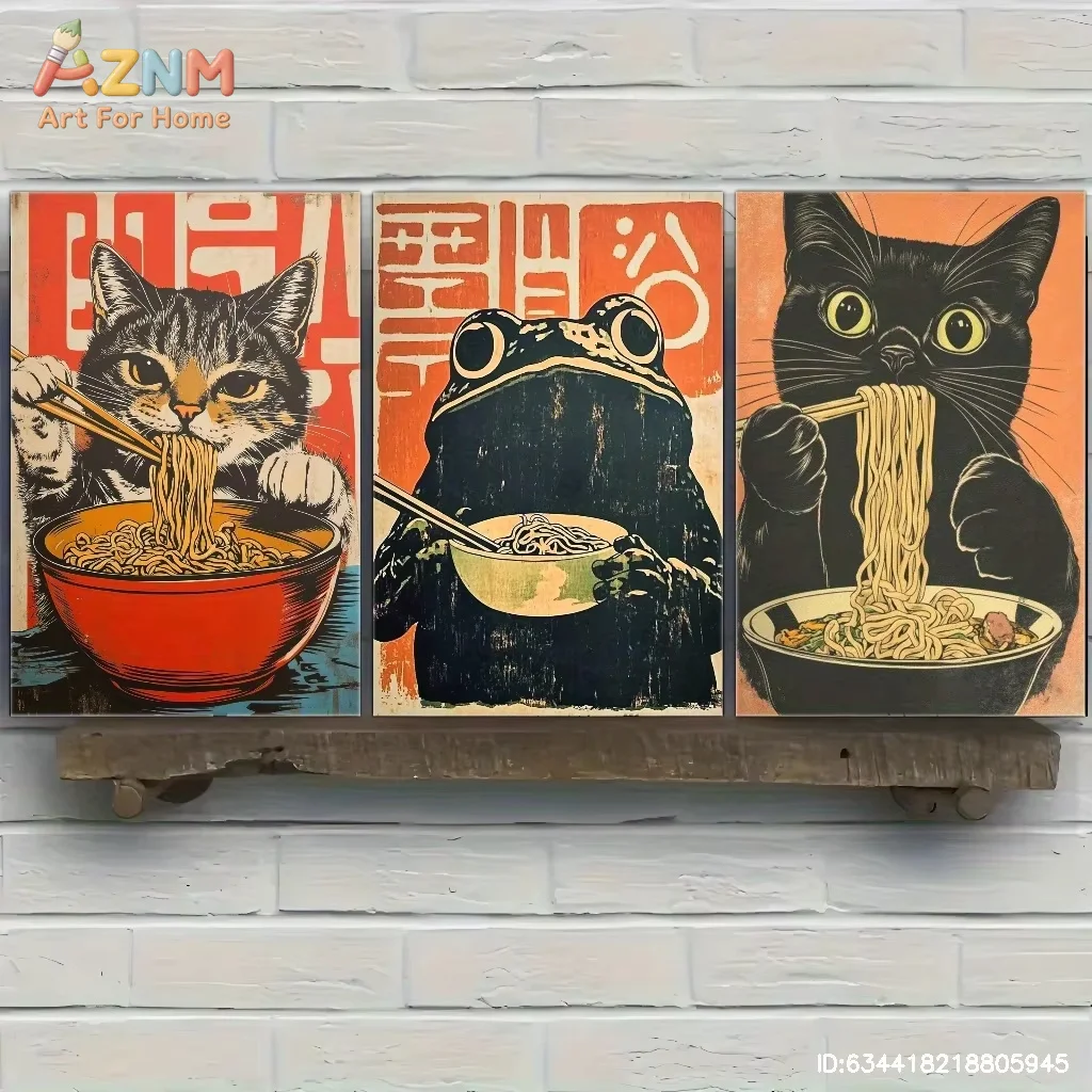 AZNM Black Cat and Frog Eating Ramen Weird Kitchen Canvas Print Japanese Retro Food Wall Art Poster for Cafe Bar Home Decor