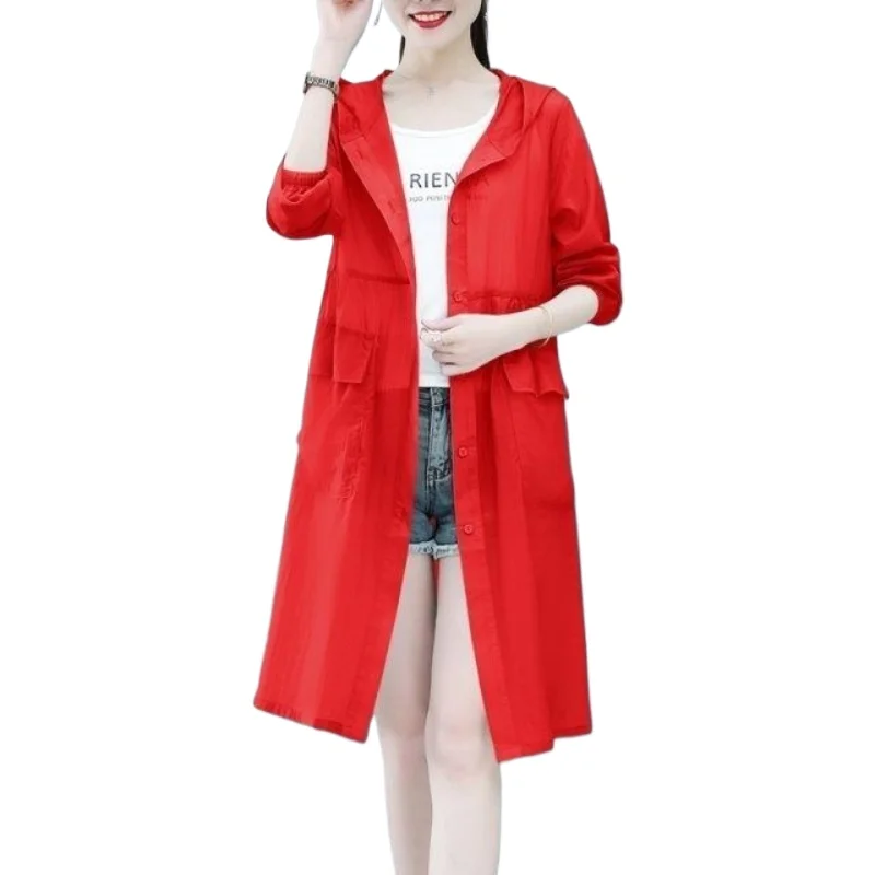 

Women Summer Jacket Sunscreen Clothing New Korean Versatile Trench Coat Solid Hooded Mid Long Sunscreen Clothes Female Outerwear