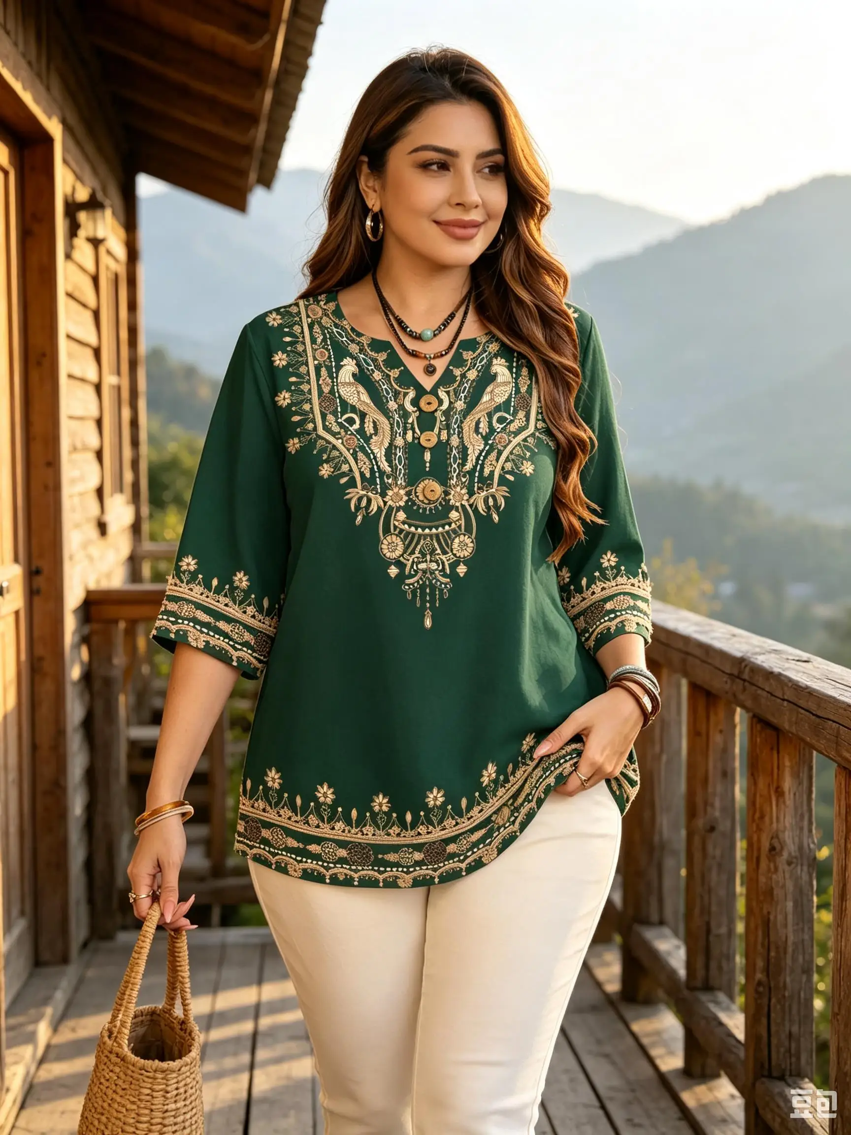Women Bohemian Parrot Floral Embroidery Blouses Notch V Neck  Half Buttons 3/4 Sleeve Linen Texture Casual Daily Tops