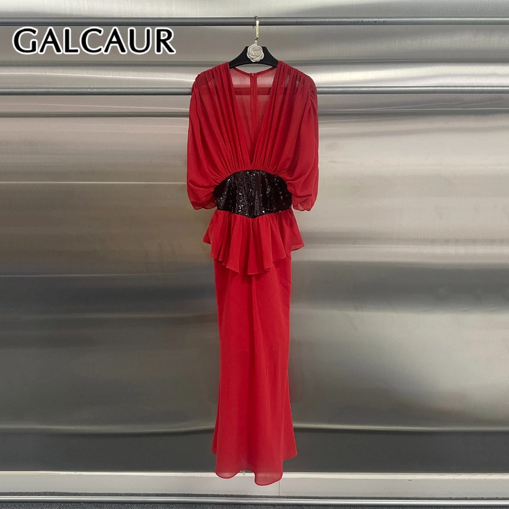 GALCAUR Colorblock Loose Spliced Sequins Elegant Dress for Women V Neck Short Sleeves Patchwork Sheer Dresses Female Fashion New