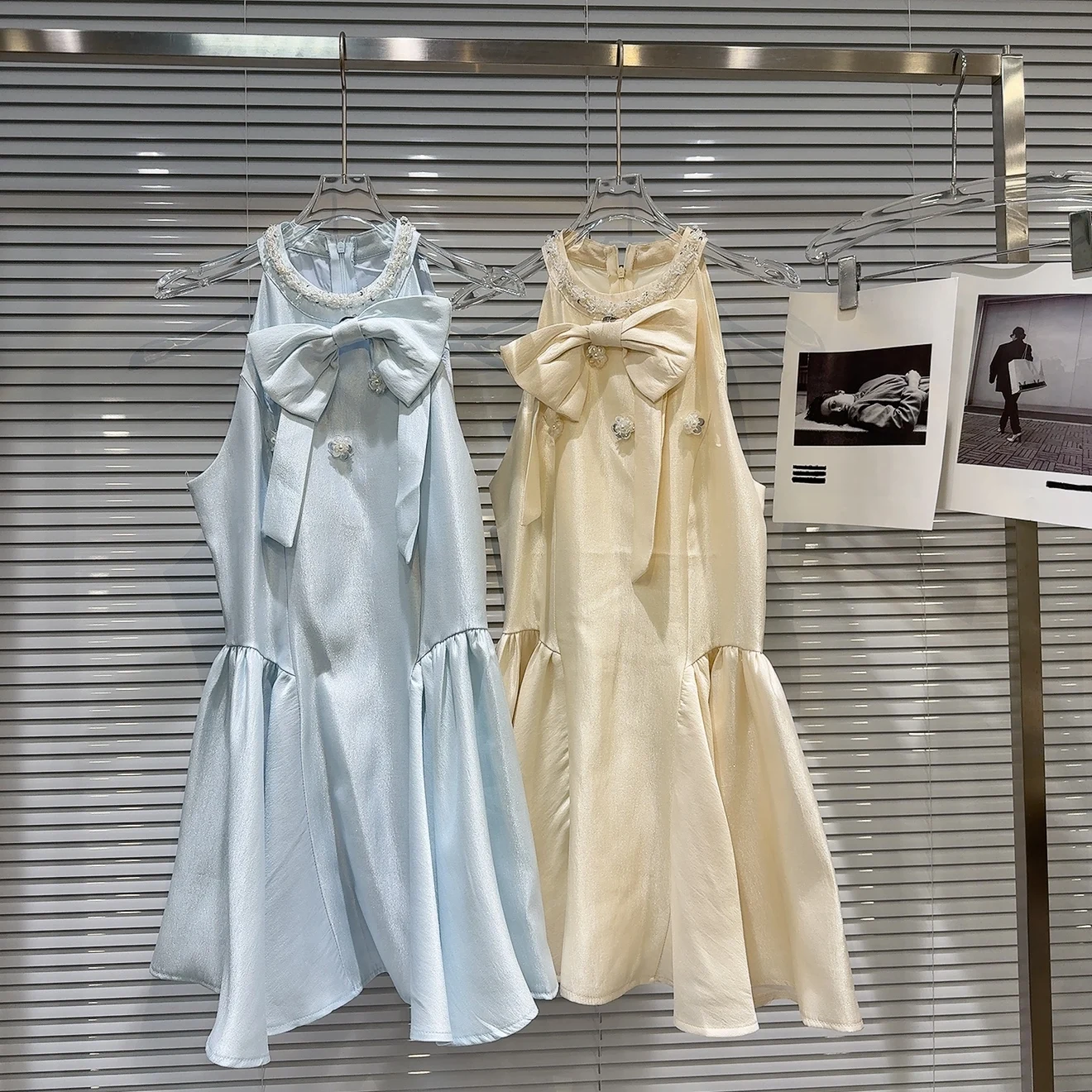 2025년 여름 신상 달콤한 매듭 실크 새틴 비즈 장식 여성용 하이웨이스트 롱 드레스