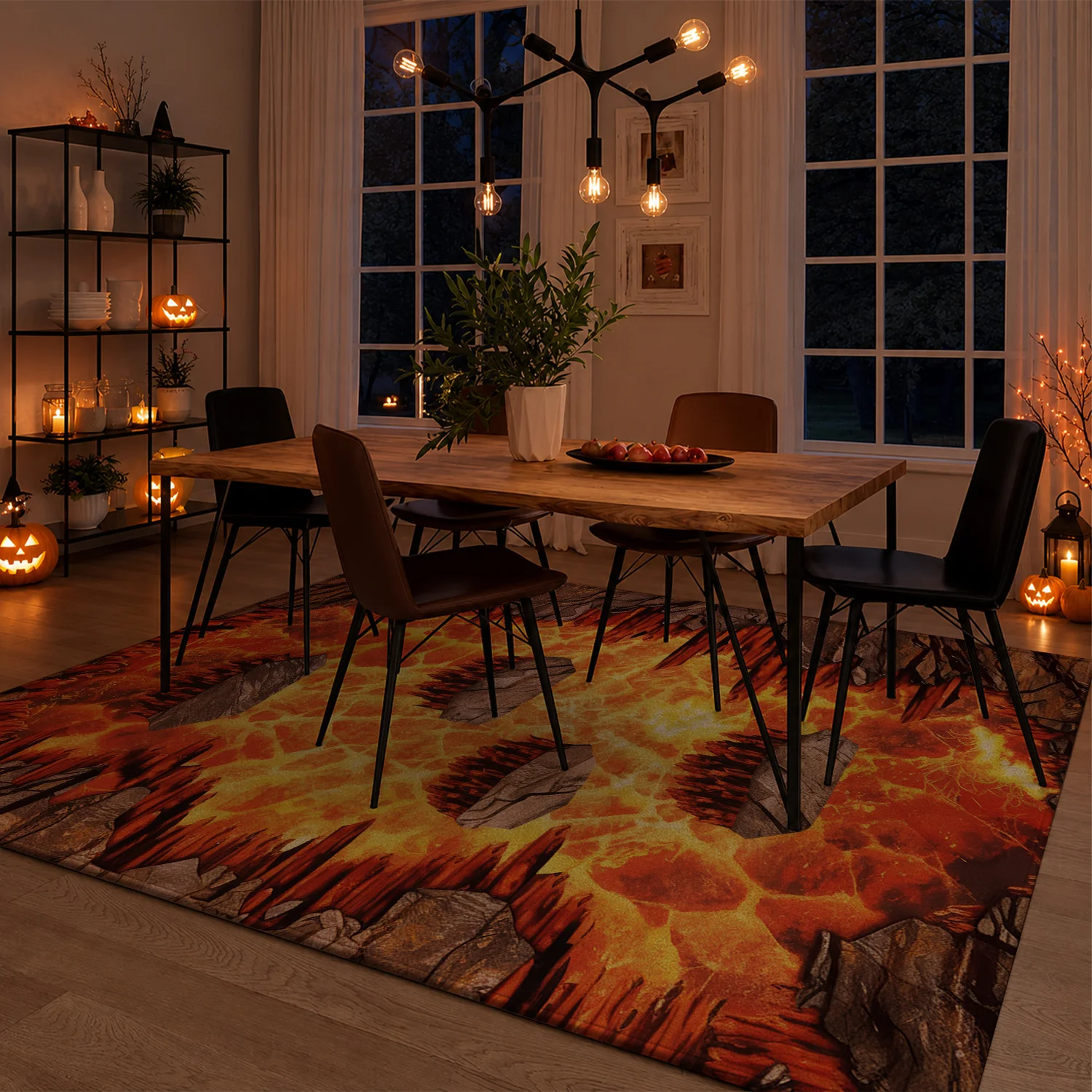 Large Indoor Area Rug, Soft Velvet Low Pile Non-slip Dotted Backing, Machine Washable, Fiery Volcanic Lava Cave Pattern Rug for Living Room Bedroom, Bold Orange Red Magma Rock Themed Home Decor Rug