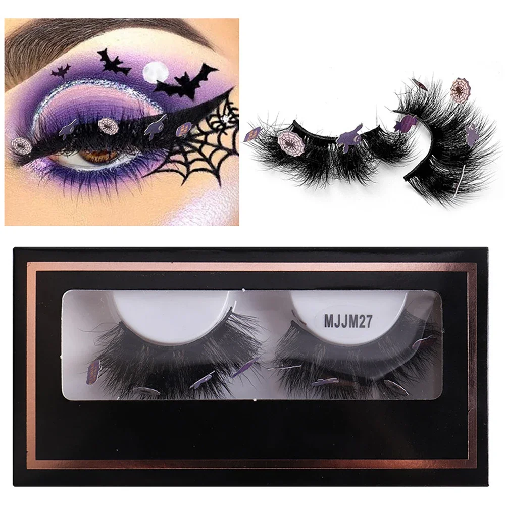 1pair False Lashes Natural Long Eyelashes 2024 Halloween Dramatic Makeup Fake Lash Party Colored Lashes for Cosplay Halloween