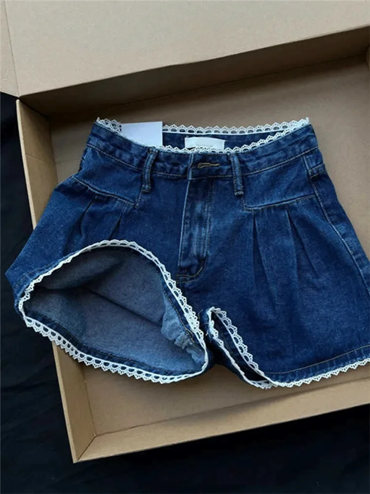 Women's Shorts Summer Dark Blue High Waist Jeans Y2K Straight A Sense of Niche Design Streetwear Vintage Wide Leg Denim Shorts