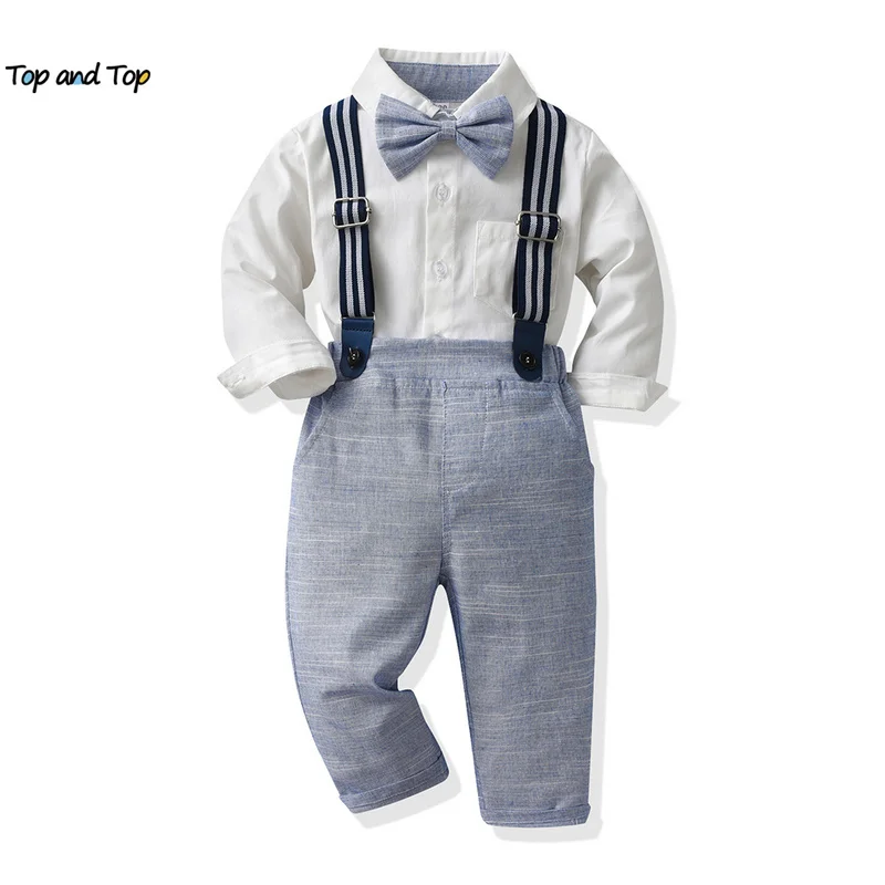 

top and top Fashion New Infant Baby Boys Gentleman Clothing Sets Long Sleeve White Bowtie Shirts+Overalls Formal Suits Outfits