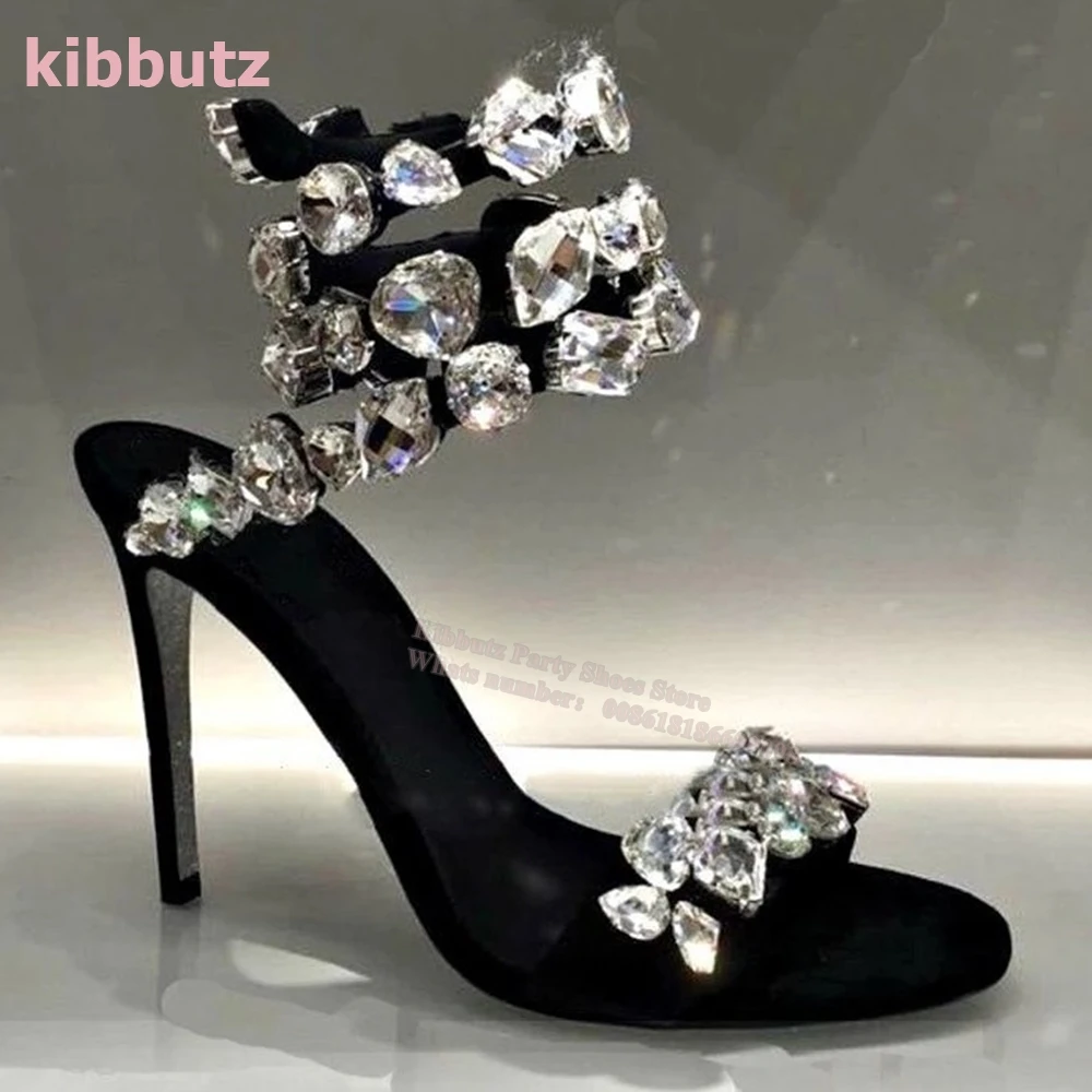 Crystal Snake Ankle Strap Sandals Rhinestone Cross Strappy Pointed Toe Stiletto Slip-On Super High Fashion Elegant Shoes Newest