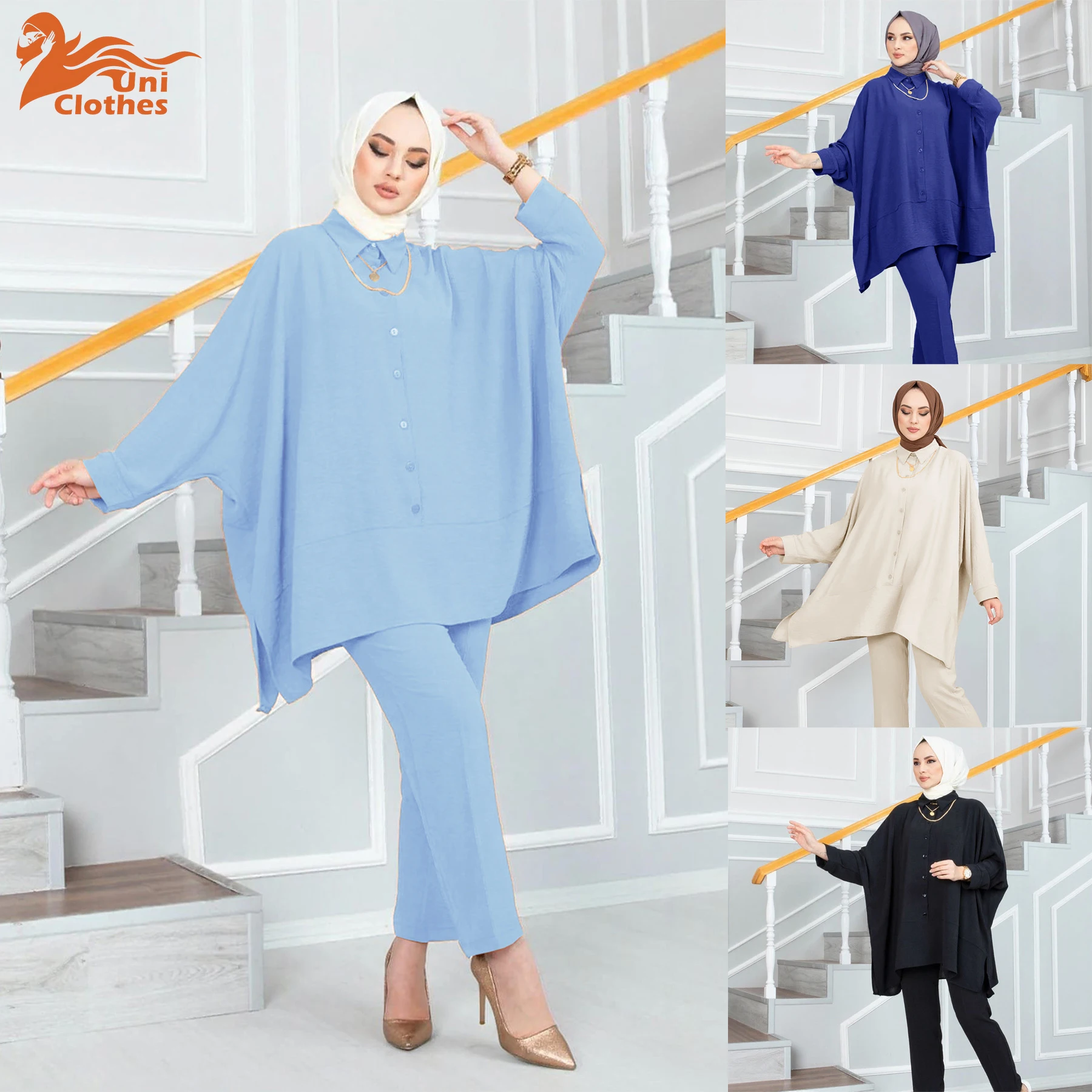 

UNI Muslim Suit Women Top Long Pants Ensemble Single Breasted Morocco Dubai Islam Long Skirts Arabic Outfits Ramadan 2 Piece Set