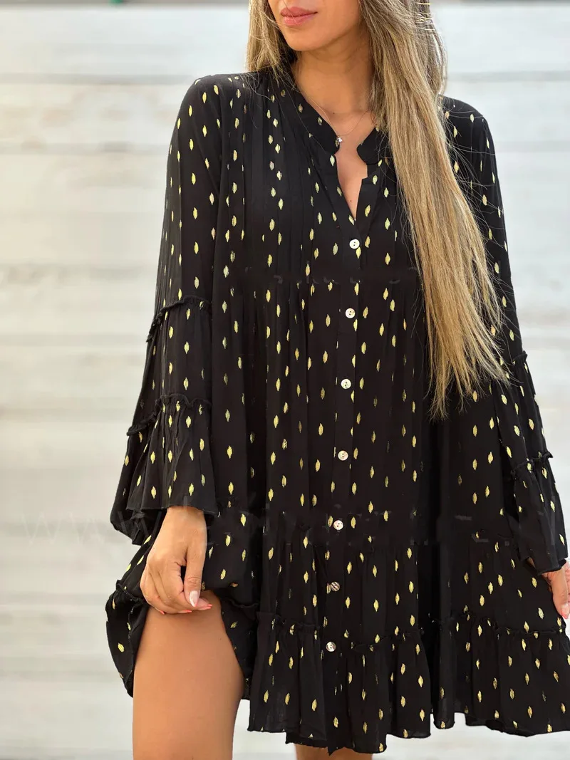 

Loose Casual Hot Stamping Print Trumpet Sleeve Dress Women Elegant V Neck Single Breasted Big Hem Mid Dresses 2024 Summer New