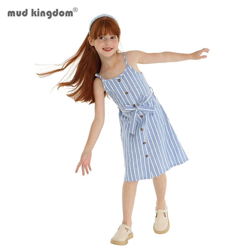 Mudkingdom Big Girls Dresses with Belt Striped Sleeveless Spaghetti Strap Dress for Girl Sundress Button Down Front Belted