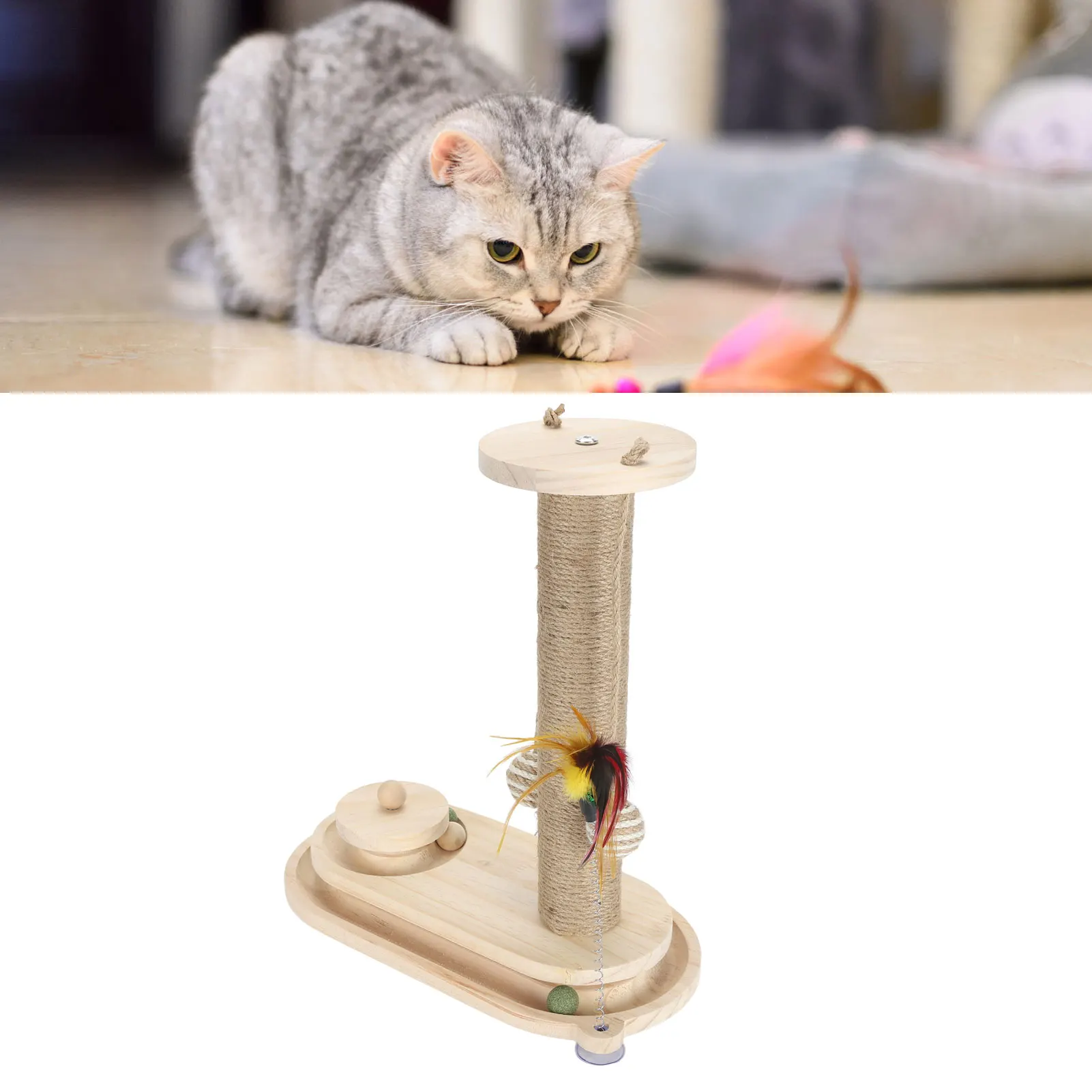 Cat Scratching Post 2 Layer Ball Track Interactive Tall Kitten Scratcher With Teasing Wand For Indoor Cats Oval Mushroom