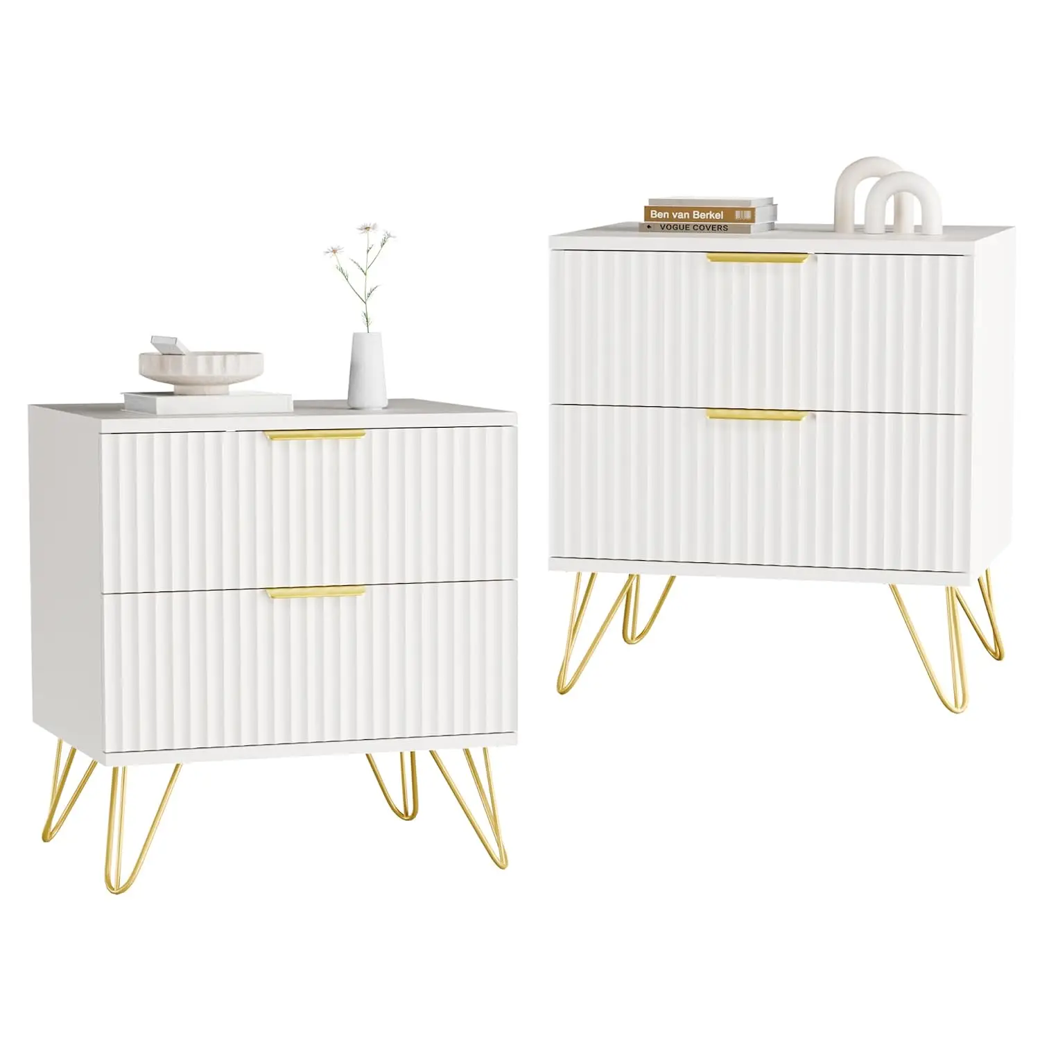White Nightstand Set of 2 with 2 Drawers & Golden Legs, Bedside Table with Handles for Bedroom Living Room, Customized