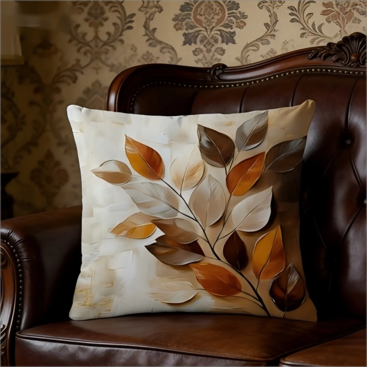 Vintage 2D Autumn Leaf Pillow Cover Oil Painting Botanical Print Rustic Cushion Case for Sofa Bed Couch Farmhouse Home Decor