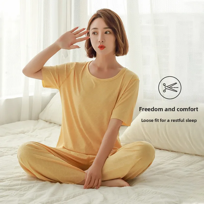 

Silky Smooth Floral Print Sleepwear Set Short Sleeve Long Pants Women's Home Clothes Summer Thin Ice Sensation Pajamas Outfit