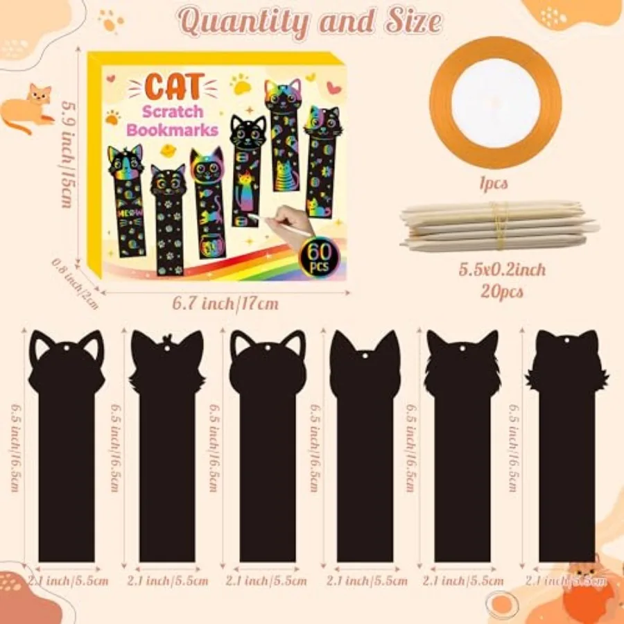 60PCS Scratch Bookmarks Cards, DIY Cat Rainbow Color Paper Cards Birthday Decorations, Cute Catling Pet Magic Project for Schoo