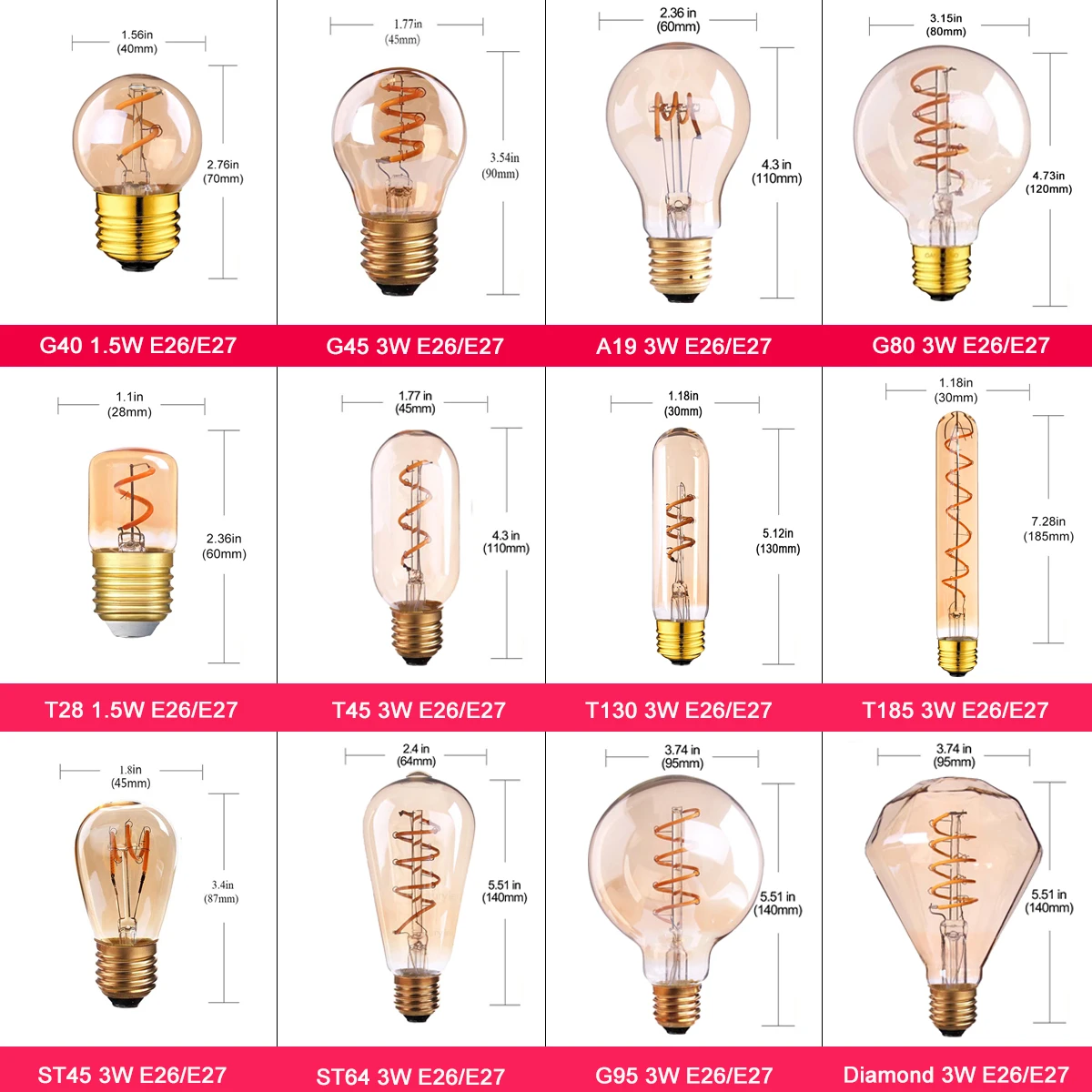 GANRILAND E27 Retro LED Spiral Filament Light Bulb A19 ST64 G80 G95 G125 3W 2200K Vintage Decorative Lamps Dimmable Edison Lamp