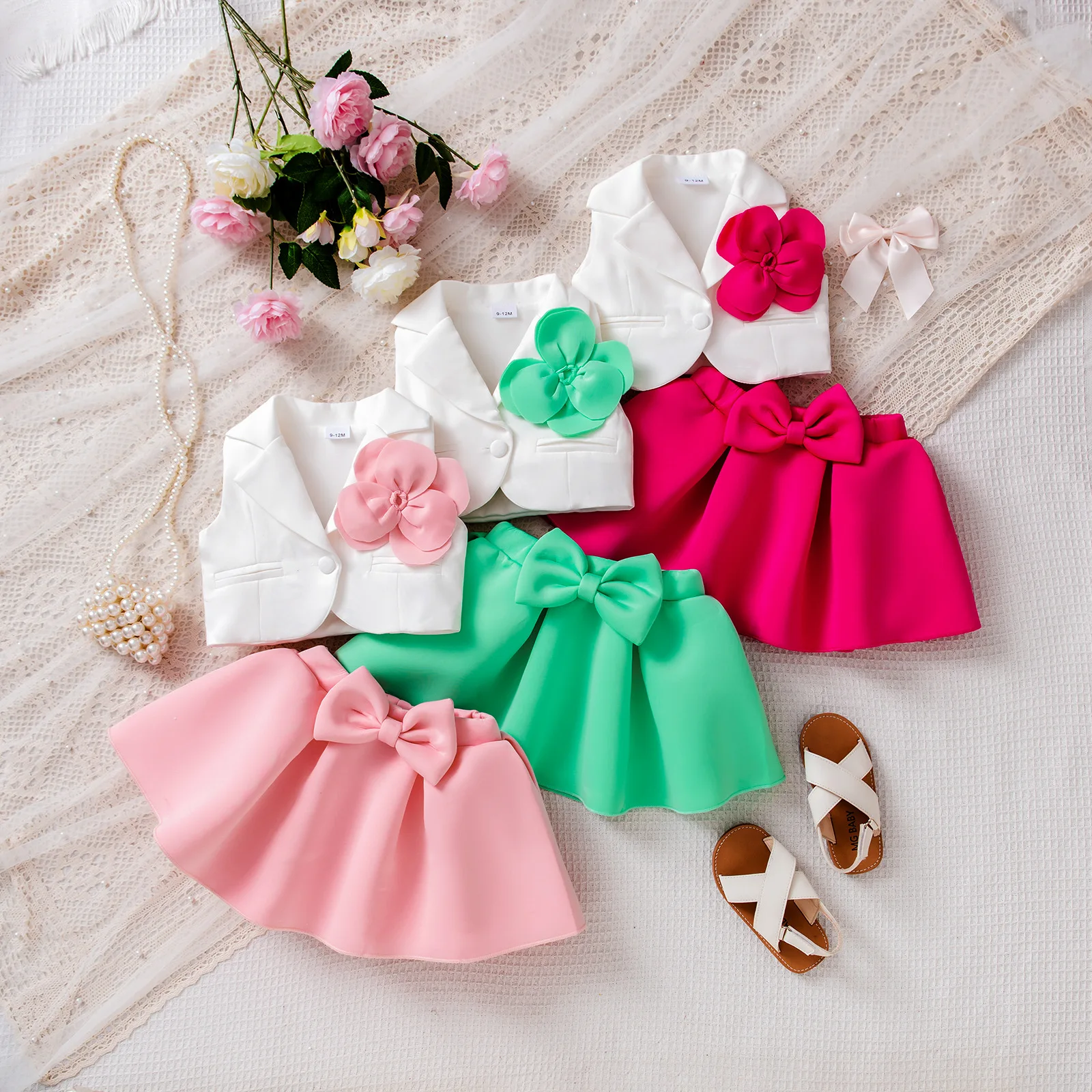 European and American girls' clothing summer new flower patch sleeveless vest vest bow skirt set