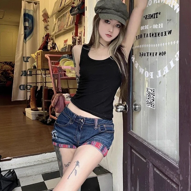 

Женские короткие джинсовые брюки с низкой посадкой и талией контрастного цвета, эстетичная модная уличная одежда в стиле Харадзюку, обычные элегантные женские джинсовые шорты