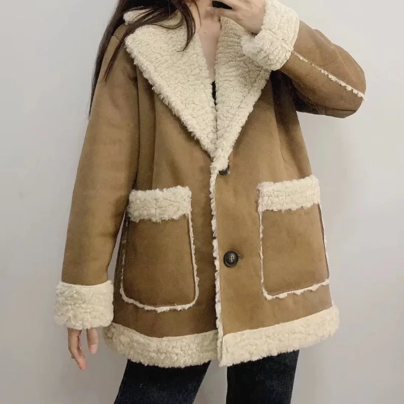 Women Warm Faux Fur Fleece Coat Jacket 2023 Autumn Winter Ladies Lamb Wool Thickened Locomotive Lapel Female Chic Outwear