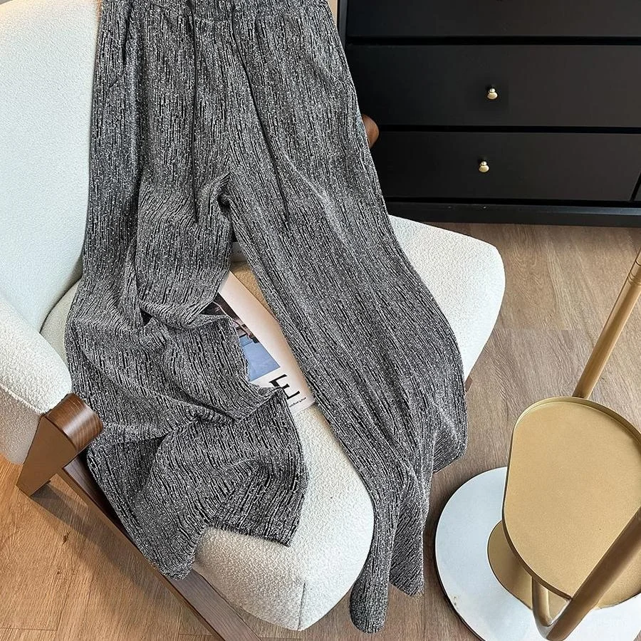 

Extra Large Size Grey Wide Leg Pants Women's Summer Shiny Loose Drapey Floor-Length Trousers Trendy High Waist Long Pants