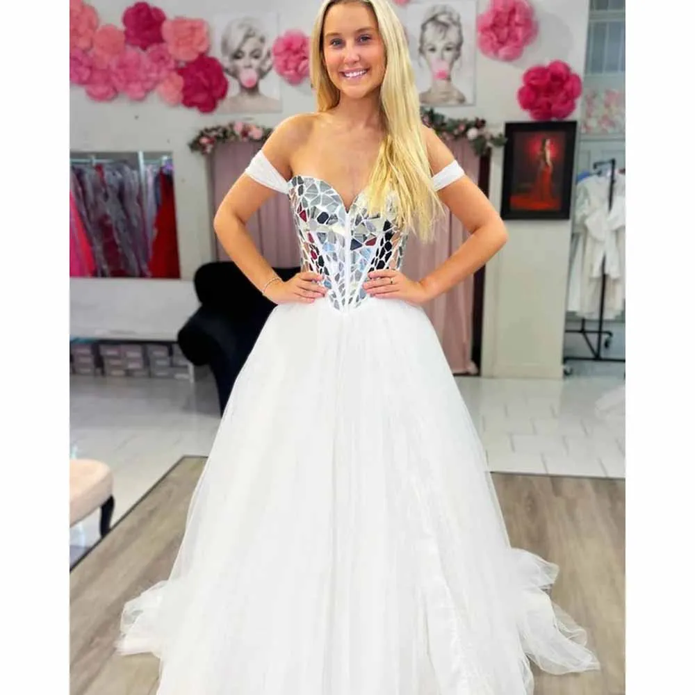 Luxury Wedding Dress Sleeveless Off the Shoulder Crystal Floor Length Chapel Train Elegant Bridal Gown A-Line Formal Occasion